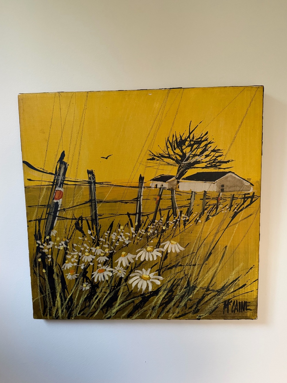 Vintage Painting Robert McCaine Oil Painting on Canvas Daisy Flowers with Bird